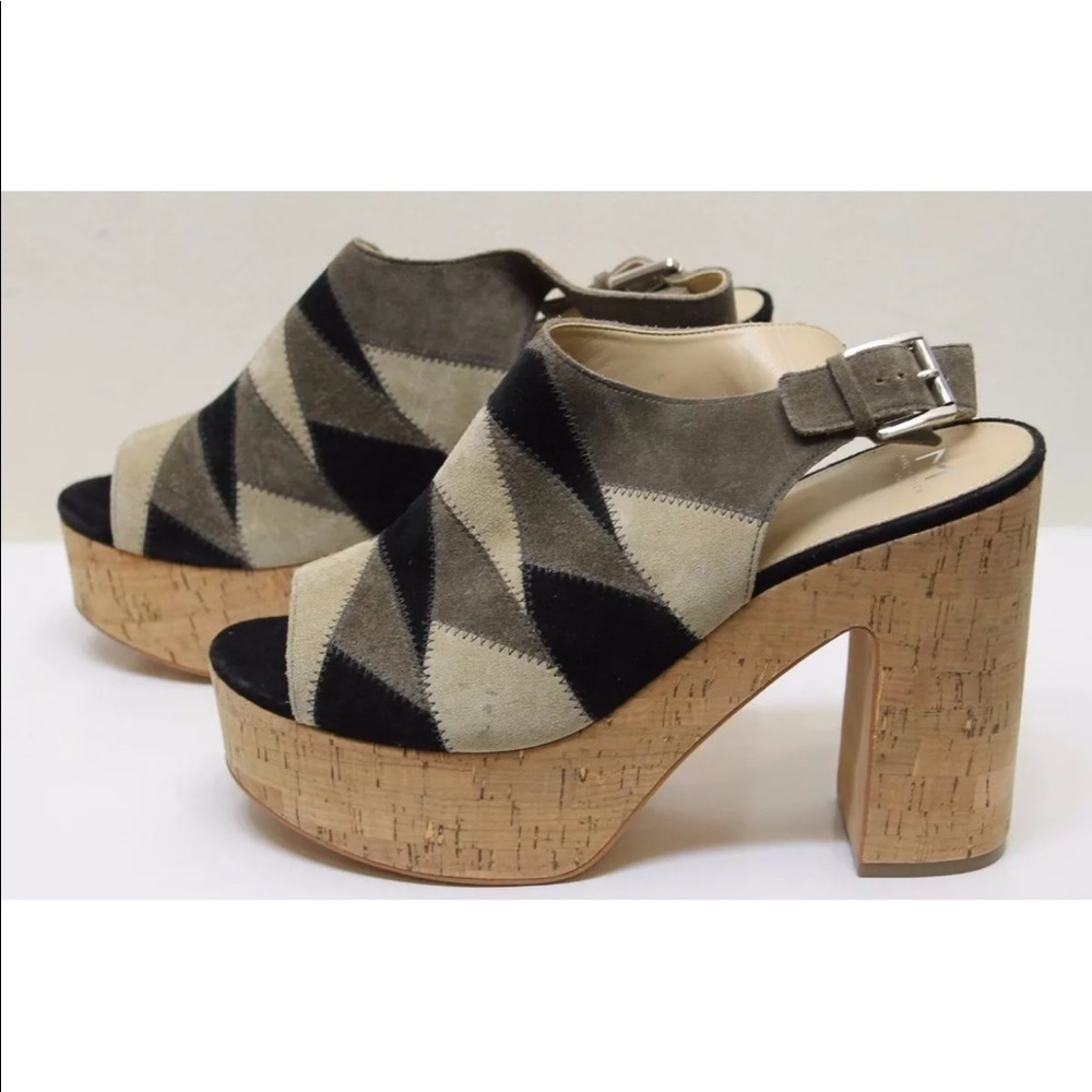 New Marc Fisher Women Grey Check Patterned Leather High Block Heel Sandals 11